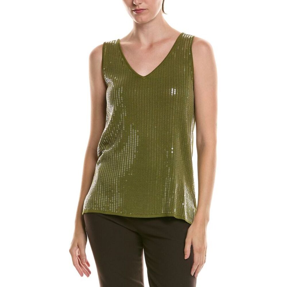 Anne Klein Womens Sequins V-Neck Tank, Green